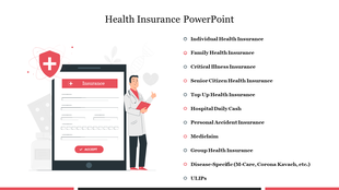Health insurance PowerPoint template showcasing various insurance types such as individual and family coverage.