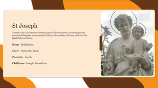 Slide showcasing St. Joseph biography with a text section next to a statue image, with beige and orange theme.