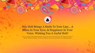 Colorful Holi greeting with vibrant traditional patterns, drums, and decorative elements on a gradient orange background.