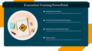 Evacuation training slide with a circular image of a safety sign and four points with placeholder text on a teal backdrop.