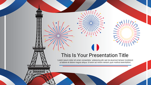 French-themed slide with an Eiffel Tower graphic, colorful fireworks, and red, white, and blue banner accents with text area.
