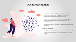 Poetry template featuring a blend of text, scattered letters, and an illustration of a woman beside a quill.
