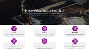 Slide with different types of poetry including sonnet, sestina, haiku, ode, villanelle, and limericks with colorful icons.