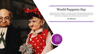 Two detailed puppets, one in a red polka dot outfit and another in formal attire, and text with purple accents.