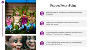A set of colorful marionette puppets hanging with strings, each representing different characters in puppet performance.