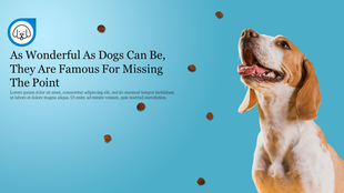 Beagle dog looking up with scattered kibble pieces on a blue background, next to a quote with a caption areas.