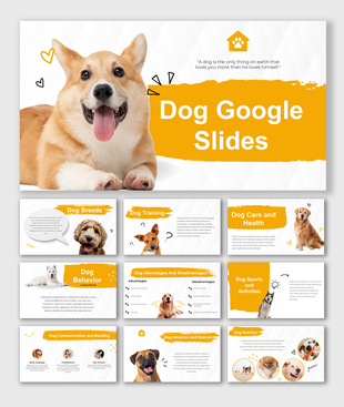 A pack of dog themed slides with sections on dog breeds, training, care, and adoption with text descriptions.
