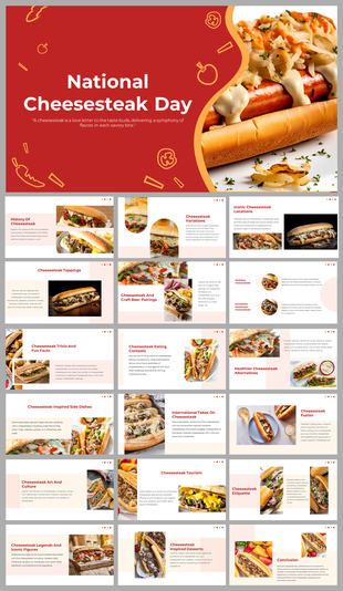 National cheesesteak day slide deck covering cheesesteak history, variations, popular locations, and pairing options.