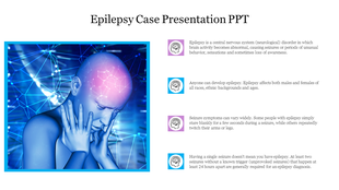 A modern epilepsy template with vibrant blue and purple tones, filled with informative icons and a image of a human figure.