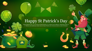 St. Patrick's Day illustration with decorations, clover leaves, gold coins, and a bearded leprechaun holding a shamrock.