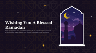 Ramadan-themed slide featuring a crescent moon and mosque silhouette framed in an arch against a starry night background.