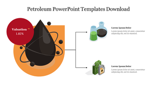 Illustration of a large black oil drop with two linked sections showing chemical beakers and oil containers with text area.