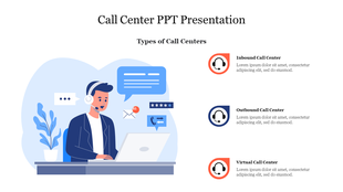 Slide on call center types, featuring an agent with a headset and icons for three sections with placeholder text.