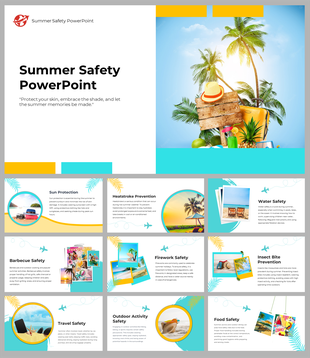 Summer safety slide with turquoise and yellow highlights featuring images of sun protection, water, and travel safety.