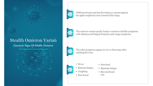 Stealth Omicron variant slide with a virus background, explaining symptoms and stages of infection, with icons.