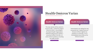 The Stealth Omicron variant, featuring virus graphics and two info boxes detailing the differences between BA.1 and BA.2.