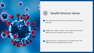 Omicron slide with a 3D blue and red virus illustration on the left and a white text box with bullet points on the right.