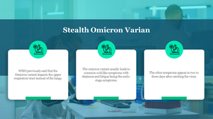 Omicron slide with three white info cards, featuring green icons, on a lab background with scientists working.
