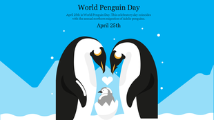 World penguin day slide featuring two parent penguins with a chick, highlighted with a heart symbol in a snowy setting.
