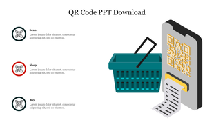 A smartphone displaying a QR code, a shopping basket, and a receipt, with three circular icons on the left.