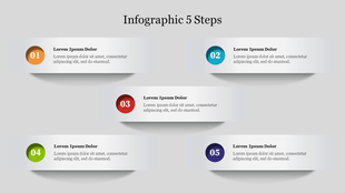 Infographic slide showing five steps in horizontal bars, each labeled with colorful number sections and placeholder text.