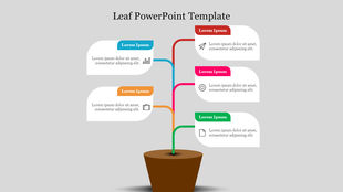 Leaf themed layout with multicolored lines growing from a brown pot into six rounded text containers.