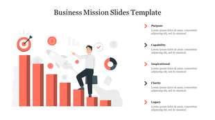 Business mission slide featuring a man climbing orange bar graphs, a target with an arrow, and five captions on the right.