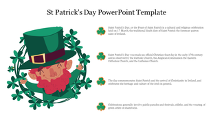 St. Patrick's Day PowerPoint slide with a leprechaun and shamrocks, detailing the history and celebration.