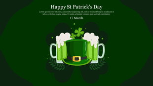 St. Patrick's Day banner with a green hat, two mugs of green beer, shamrocks, and festive text on a dark green background.