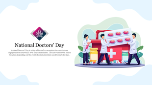 National Doctors' Day illustration with three doctors, medical supplies, and a red first-aid kit next to descriptive text.