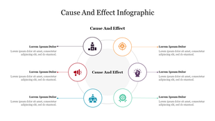 Circular cause and effect diagram with six icons connected around a central circle, featuring various colors.
