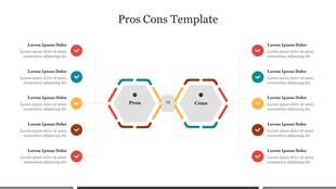 Pros and cons comparison chart with central hexagons labeled Pros and Cons, connected to bullet points on each side.