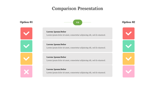 Comparison presentation slide with two options, featuring check and cross icons to show differences between items.