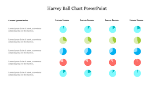 Harvey ball slide with circular charts in teal, green,  blue, red, and light blue, arranged in a grid format.