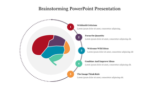 Brainstorming infographic with a segmented brain illustration and five labeled steps around a circular arrow.