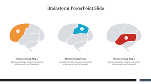 Brainstorming slide with three brain sections, each colored differently and marked with a check for steps 1 to 3 with text.