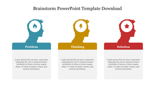 Brainstorm PowerPoint template with silhouettes representing problem, thinking, and solution stages with placeholder text.