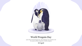 Central illustration of a penguin family on an icy platform, surrounded by soft purple wave like borders.
