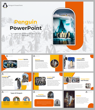Penguin slide deck showing the characteristics on an iceberg with an orange vertical banner and placeholder text areas.
