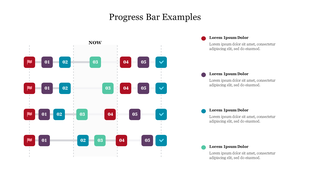 Colorful progress bars in rows, showing numbered squares in red, teal, purple, and blue, with text on the right.
