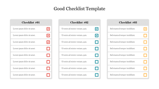 Three-column checklist template with red, blue, and yellow checkboxes and placeholder text under each list.