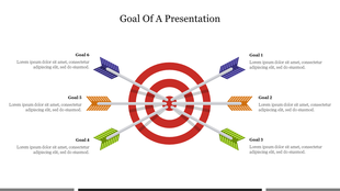 Visual diagram showing goals of a presentation using a red target and six colored arrows labeled around it.