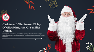 Cheerful Santa figure in red velvet beside a Christmas quote, decorative branches and a bell icon on a navy blue backdrop.