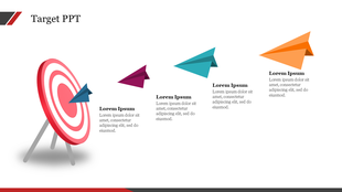 Target infographic with a 3D bullseye on the left and four colored paper planes representing steps toward reaching a goal.