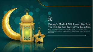 Ramadan themed design with golden tones of crescent moon, lantern, and star, against a greenish background.