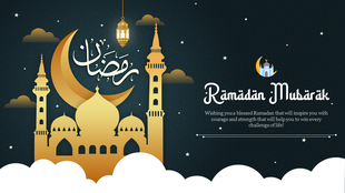 Ramadan-themed slide with golden mosque silhouette, crescent moon, hanging lantern, and stars in a night sky.