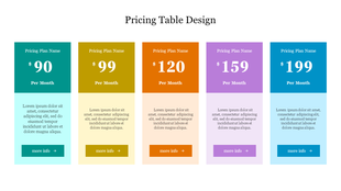 Five column pricing table with rectangular cards in teal, gold, orange, purple, and blue, displaying prices and buttons.
