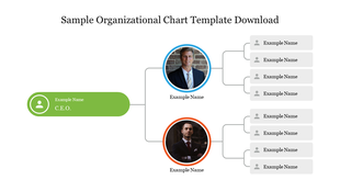 Sample org chart with a CEO label in green, branching to upper and lower rows of staff under two photographed leaders.
