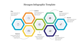 Colorful hexagonal infographic with icons inside each hexagon, depicting different business stages.