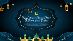 Ramadan Mubarak greeting slide with lanterns, stars, and a mosque design in a blue theme with placeholder text.